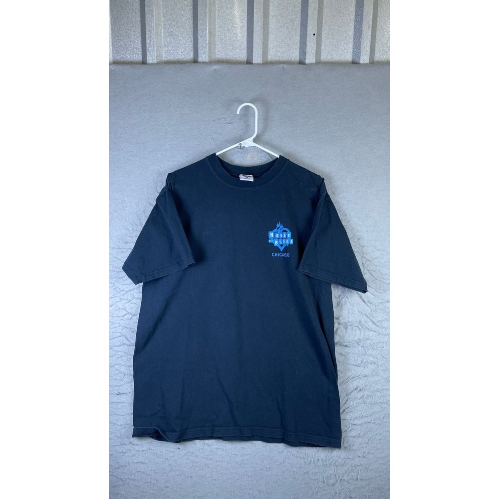 House of Blues T-Shirt Mens Large Navy Blue Excellent Chicago Guitar Graphic